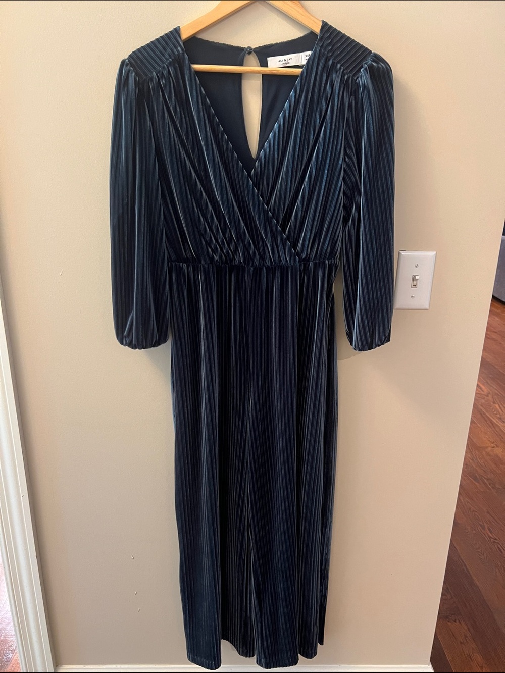 ALI & JAY Teal Velvet Pleated Jumpsuit